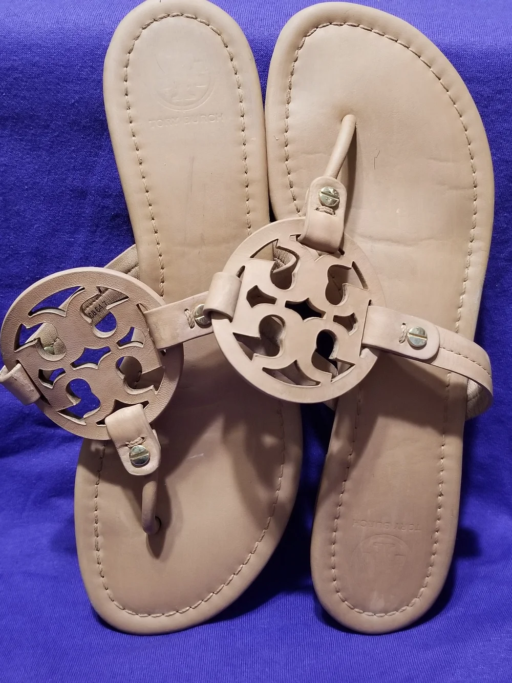 Tory Burch Women's Shoe Size 8 Taupe Miller Logo Leather Thong Sandals